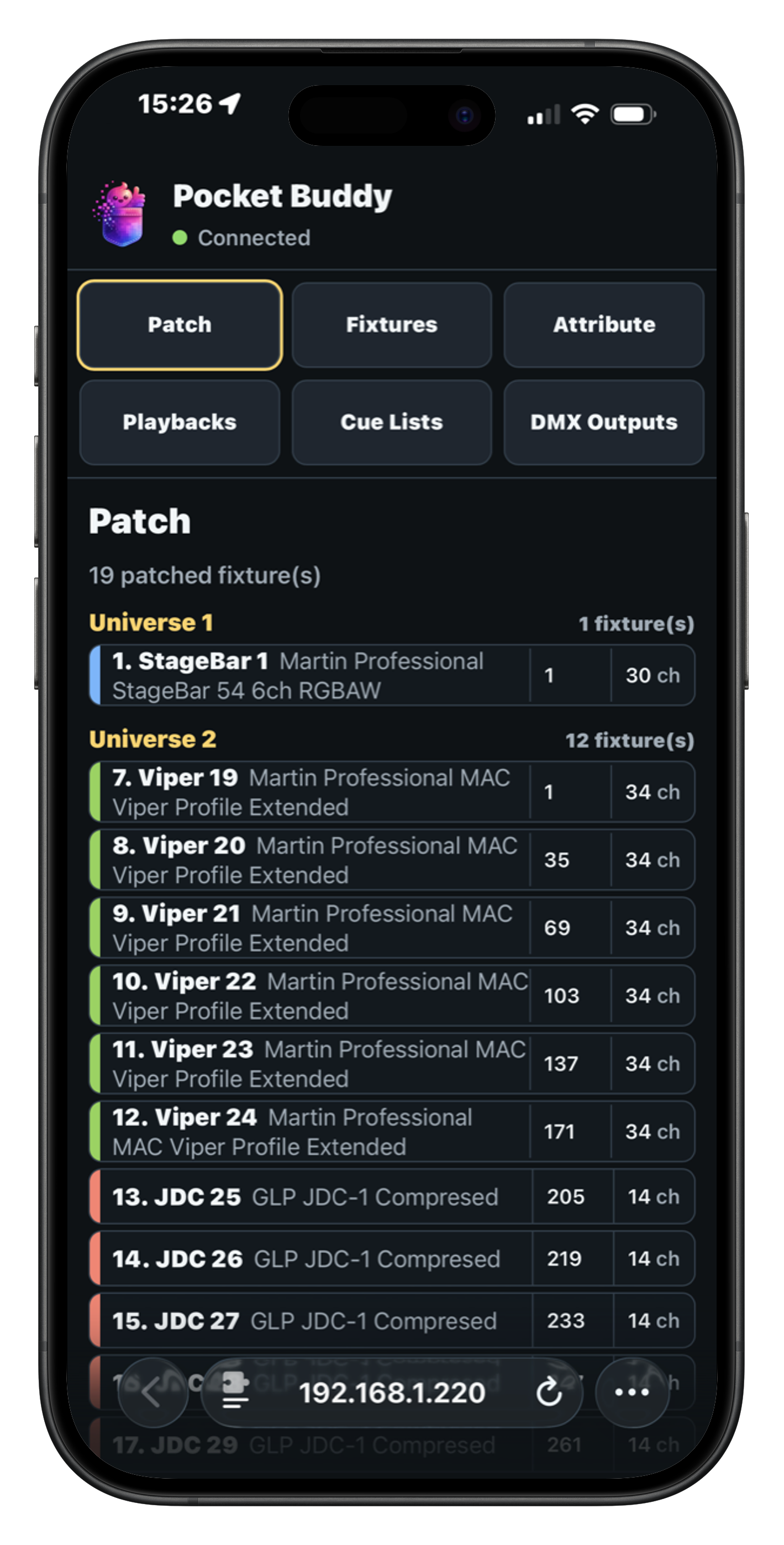 PocketBuddy mobile control interface connected to LightBuddy