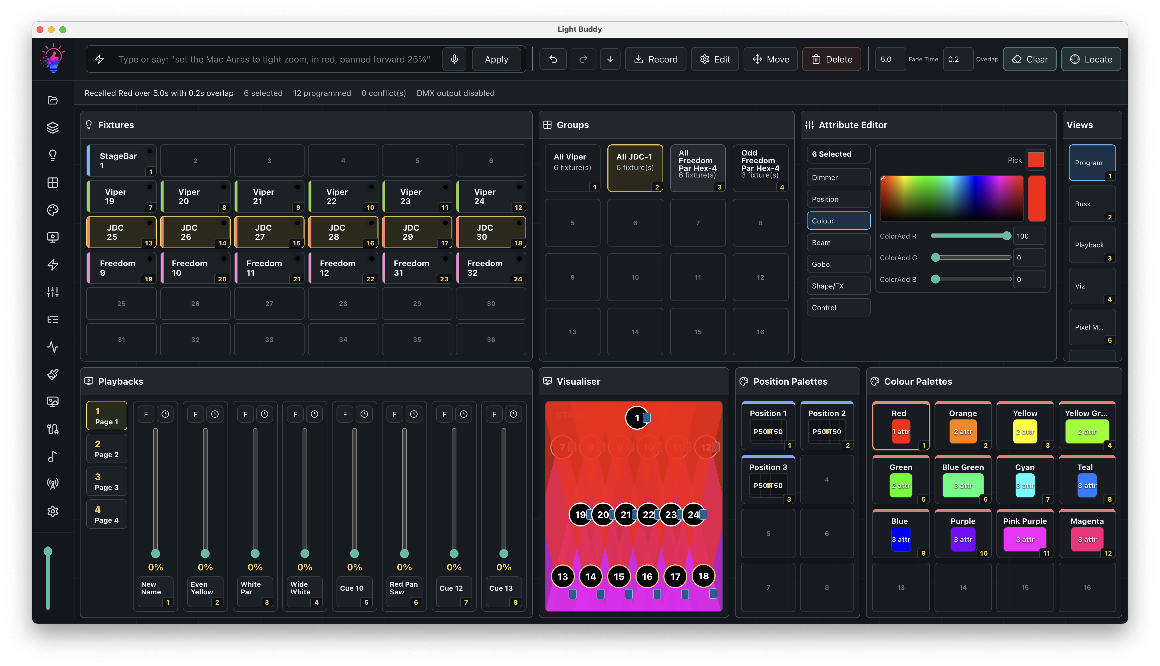 LightBuddy desktop interface with fixture controls and live playback tools